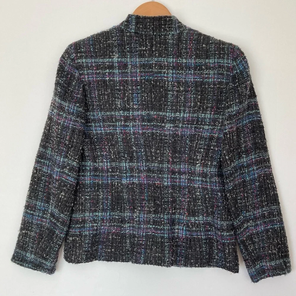 Jones New York Plaid Wool Blend Collarless Jacket Blazer Blue Black 8P
